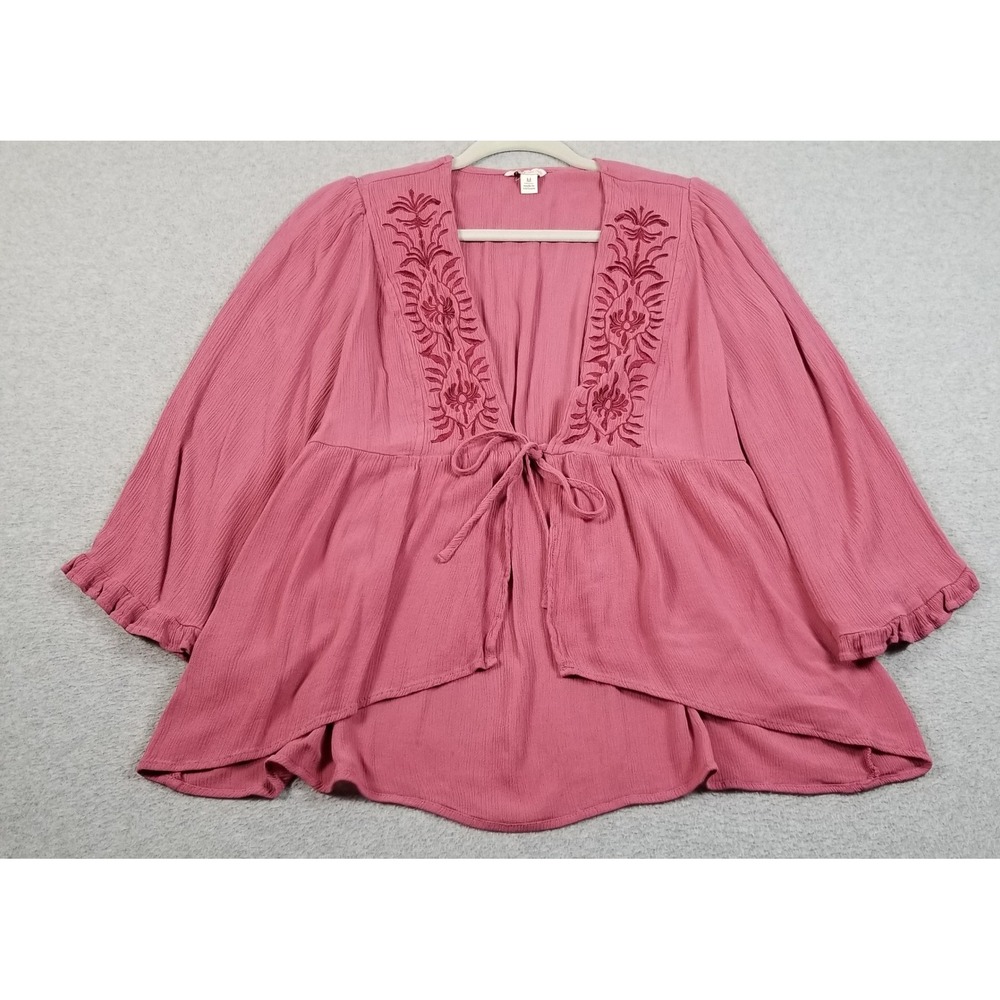 Cato Top Women M Medium Pink Embroidered Tie Front Peplum 3/4 Sleeve Gauze Boho